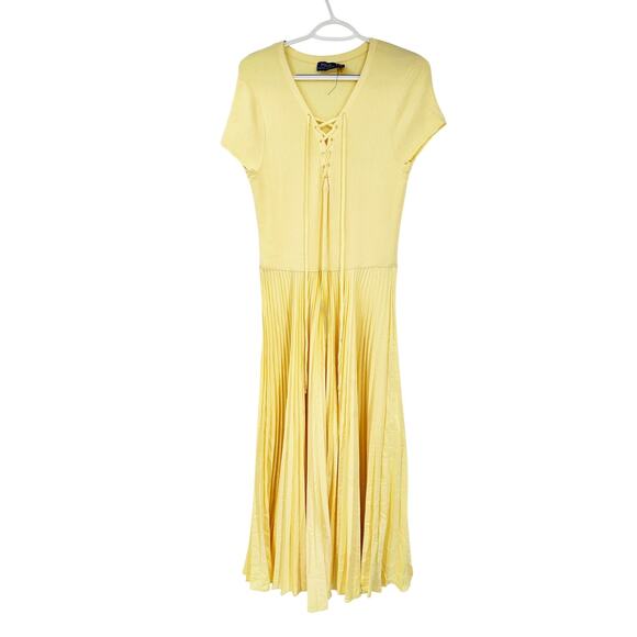 Polo Ralph Lauren Yellow Lace Up Pleated Short Sleeve Midi Dress Size Large - Picture 2 of 8
